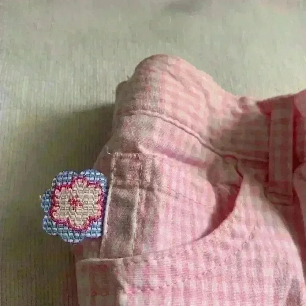 2 pc Cargo Jeans, Elastic Waist & Pink Floral Embroidered Gingham Pants
